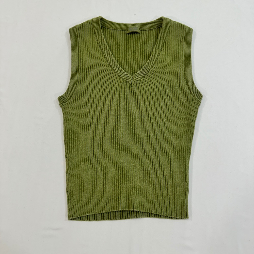 J. Galt Ribbed V-Neck Sweater Vest Womens‎ One Size Olive Green Cotton | Preppy